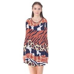 Mixed Animal Skin Print Safari Textures Mix Leopard Zebra Tiger Skins Patterns Luxury Animals Texture Long Sleeve V-neck Flare Dress by BangZart