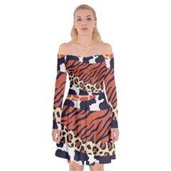 Mixed Animal Skin Print Safari Textures Mix Leopard Zebra Tiger Skins Patterns Luxury Animals Texture Off Shoulder Skater Dress