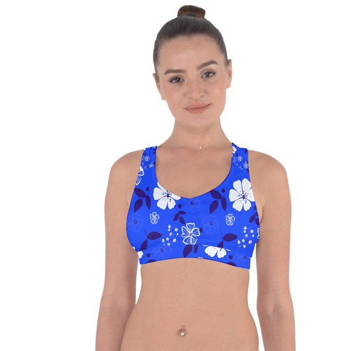 Blooming seamless pattern blue colors Cross String Back Sports Bra