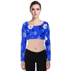 Blooming Seamless Pattern Blue Colors Velvet Long Sleeve Crop Top by BangZart