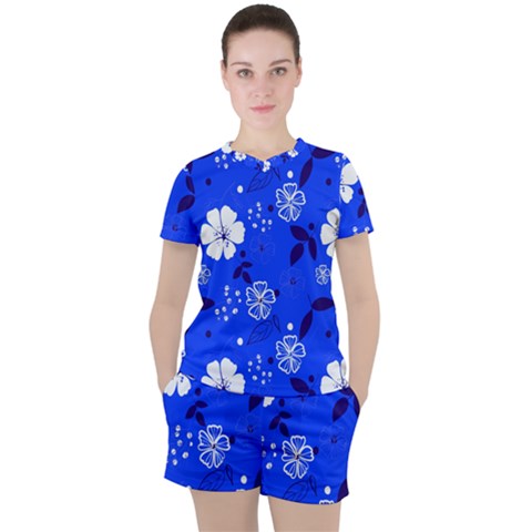 Blooming Seamless Pattern Blue Colors Women s Tee And Shorts Set by BangZart