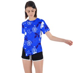 Blooming Seamless Pattern Blue Colors Asymmetrical Short Sleeve Sports Tee by BangZart