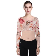 Beautiful Seamless Spring Pattern With Roses Peony Orchid Succulents Velvet Long Sleeve Crop Top by BangZart