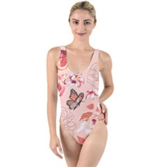 Beautiful Seamless Spring Pattern With Roses Peony Orchid Succulents High Leg Strappy Swimsuit by BangZart