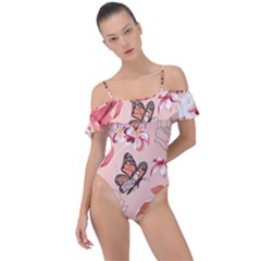 Beautiful Seamless Spring Pattern With Roses Peony Orchid Succulents Frill Detail One Piece Swimsuit