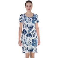 Indigo watercolor floral seamless pattern Short Sleeve Nightdress