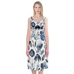 Indigo Watercolor Floral Seamless Pattern Midi Sleeveless Dress by BangZart