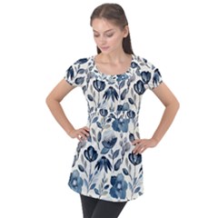 Indigo Watercolor Floral Seamless Pattern Puff Sleeve Tunic Top by BangZart