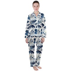 Indigo Watercolor Floral Seamless Pattern Satin Long Sleeve Pyjamas Set by BangZart