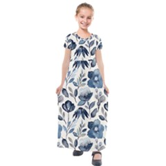 Indigo watercolor floral seamless pattern Kids  Short Sleeve Maxi Dress