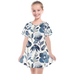 Indigo Watercolor Floral Seamless Pattern Kids  Smock Dress by BangZart