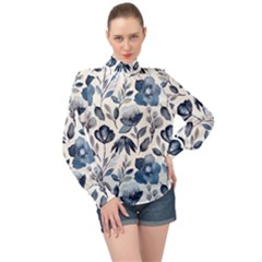 Indigo Watercolor Floral Seamless Pattern High Neck Long Sleeve Chiffon Top by BangZart