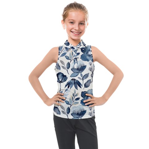 Indigo Watercolor Floral Seamless Pattern Kids  Sleeveless Polo Tee by BangZart