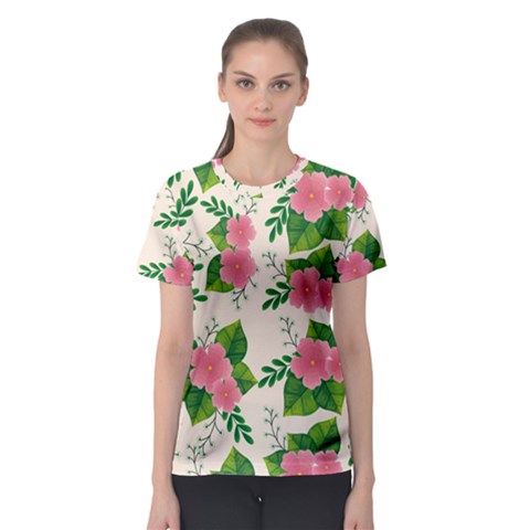 Cute Pink Flowers With Leaves-pattern Women s Sport Mesh Tee by BangZart