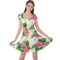 Cute Pink Flowers With Leaves-pattern Cap Sleeve Dress by BangZart