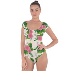 Cute Pink Flowers With Leaves-pattern Short Sleeve Leotard  by BangZart