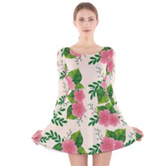 Cute Pink Flowers With Leaves-pattern Long Sleeve Velvet Skater Dress by BangZart