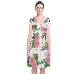 Cute Pink Flowers With Leaves-pattern Short Sleeve Front Wrap Dress