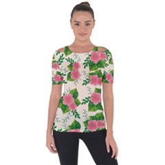 Cute Pink Flowers With Leaves-pattern Shoulder Cut Out Short Sleeve Top by BangZart