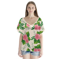 Cute Pink Flowers With Leaves-pattern V-neck Flutter Sleeve Top by BangZart