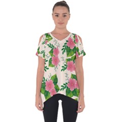 Cute Pink Flowers With Leaves-pattern Cut Out Side Drop Tee by BangZart