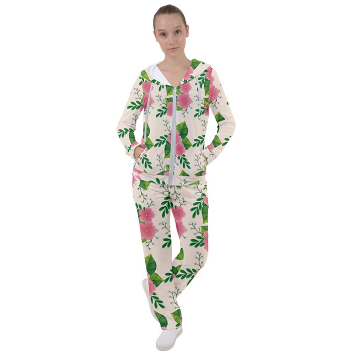 Cute pink flowers with leaves-pattern Women s Tracksuit