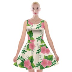 Cute Pink Flowers With Leaves-pattern Velvet Skater Dress by BangZart