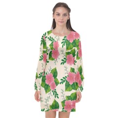 Cute Pink Flowers With Leaves-pattern Long Sleeve Chiffon Shift Dress  by BangZart