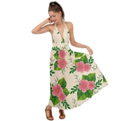 Cute Pink Flowers With Leaves-pattern Backless Maxi Beach Dress by BangZart