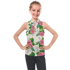 Cute Pink Flowers With Leaves-pattern Kids  Sleeveless Polo Tee