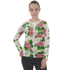 Cute Pink Flowers With Leaves-pattern Women s Long Sleeve Raglan Tee