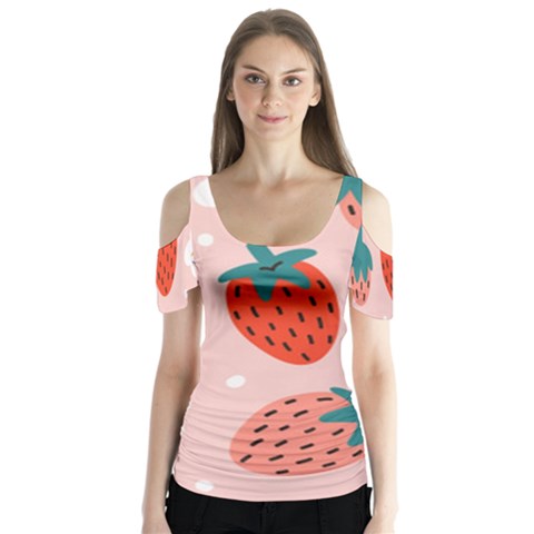 Strawberry Seamless Pattern Butterfly Sleeve Cutout Tee  by BangZart