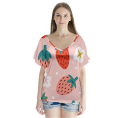 Strawberry Seamless Pattern V-neck Flutter Sleeve Top by BangZart