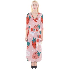 Strawberry Seamless Pattern Quarter Sleeve Wrap Maxi Dress