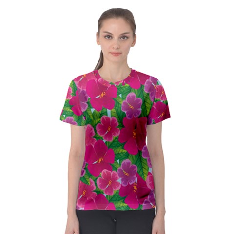 Background Cute Flowers Fuchsia With Leaves Women s Sport Mesh Tee by BangZart