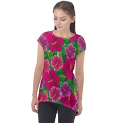 Background Cute Flowers Fuchsia With Leaves Cap Sleeve High Low Top by BangZart