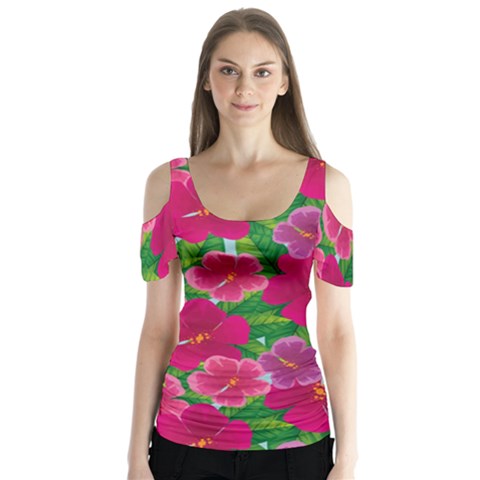 Background Cute Flowers Fuchsia With Leaves Butterfly Sleeve Cutout Tee  by BangZart