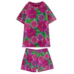 Background Cute Flowers Fuchsia With Leaves Kids  Swim Tee And Shorts Set by BangZart