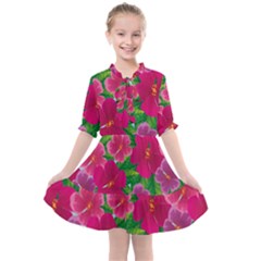 Background Cute Flowers Fuchsia With Leaves Kids  All Frills Chiffon Dress by BangZart