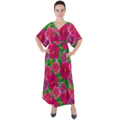 Background Cute Flowers Fuchsia With Leaves V-neck Boho Style Maxi Dress by BangZart