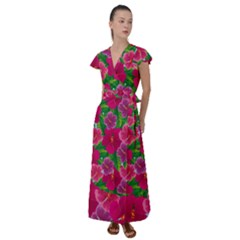 Background Cute Flowers Fuchsia With Leaves Flutter Sleeve Maxi Dress by BangZart