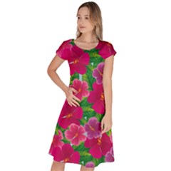 Background Cute Flowers Fuchsia With Leaves Classic Short Sleeve Dress