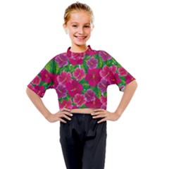 Background Cute Flowers Fuchsia With Leaves Kids Mock Neck Tee