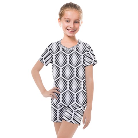 Halftone Tech Hexagons Seamless Pattern Kids  Mesh Tee And Shorts Set by BangZart