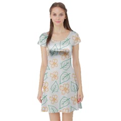 Hand Drawn Cute Flowers With Leaves Pattern Short Sleeve Skater Dress