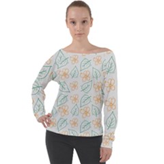 Hand Drawn Cute Flowers With Leaves Pattern Off Shoulder Long Sleeve Velour Top