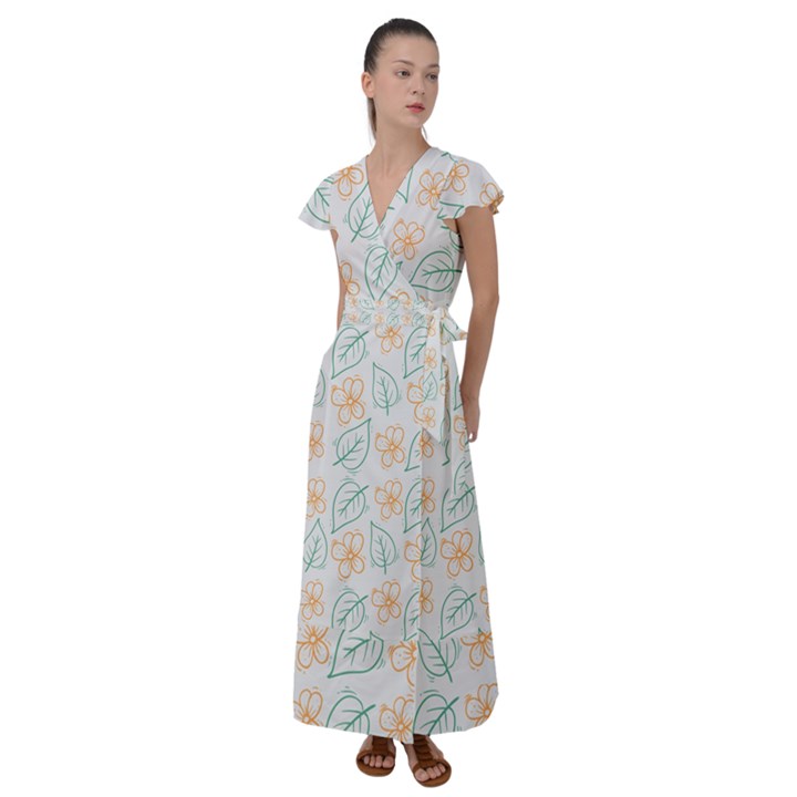 Hand drawn cute flowers with leaves pattern Flutter Sleeve Maxi Dress