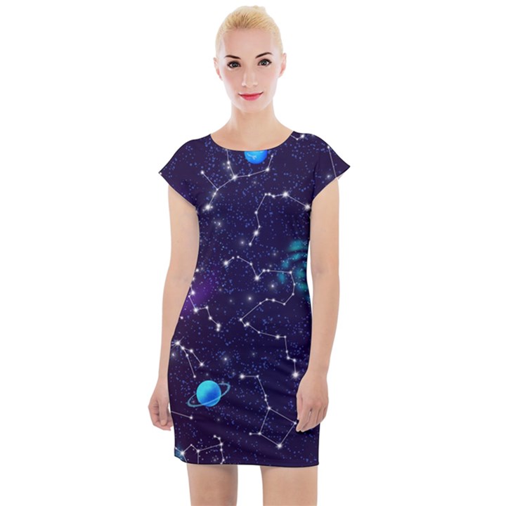 Realistic night sky poster with constellations Cap Sleeve Bodycon Dress