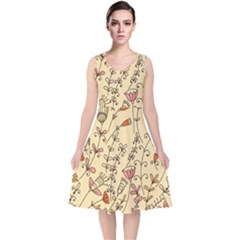 Seamless Pattern With Different Flowers V-neck Midi Sleeveless Dress  by BangZart