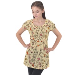 Seamless Pattern With Different Flowers Puff Sleeve Tunic Top